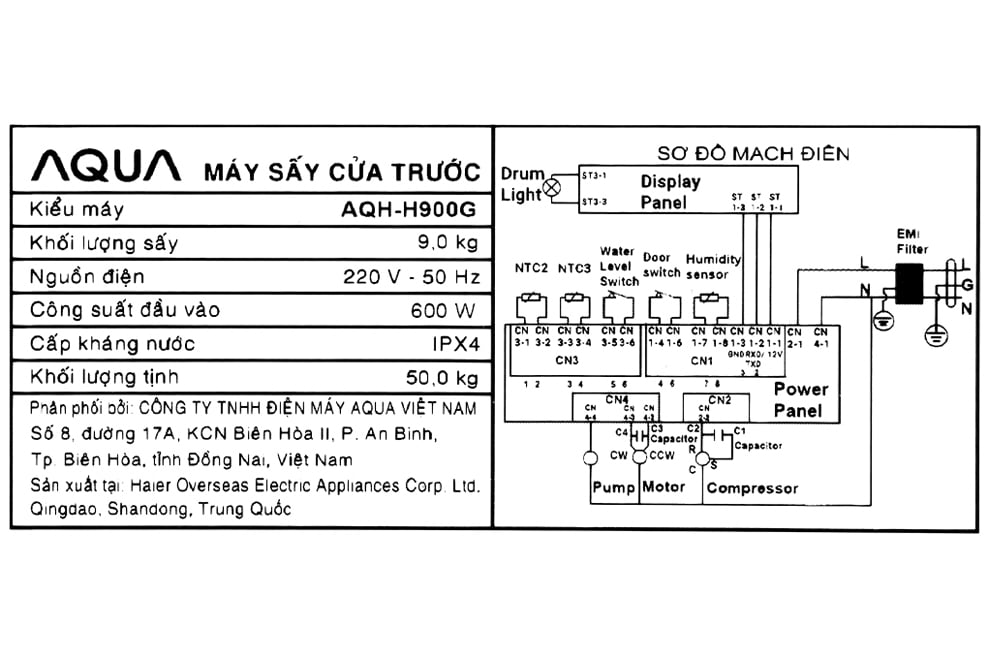 Máy sấy bơm nhiệt Heat Pump Aqua AQH-H900G PS 9 Kg